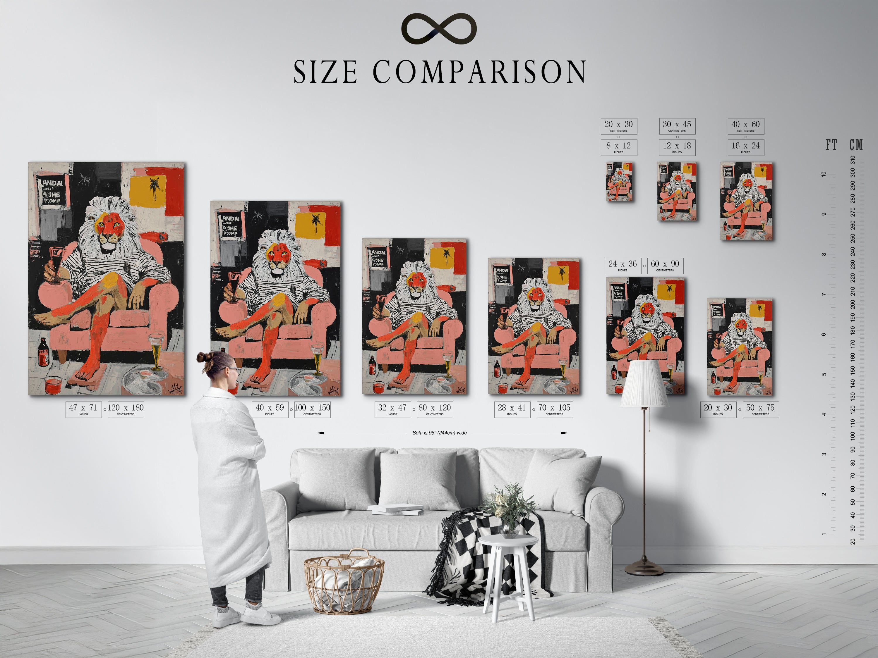A size comparison chart is shown in an interior setting. The chart displays the different sizes available for the artwork. This helps you visualize the perfect fit for your wall. Find the ideal size for your unique wall art.