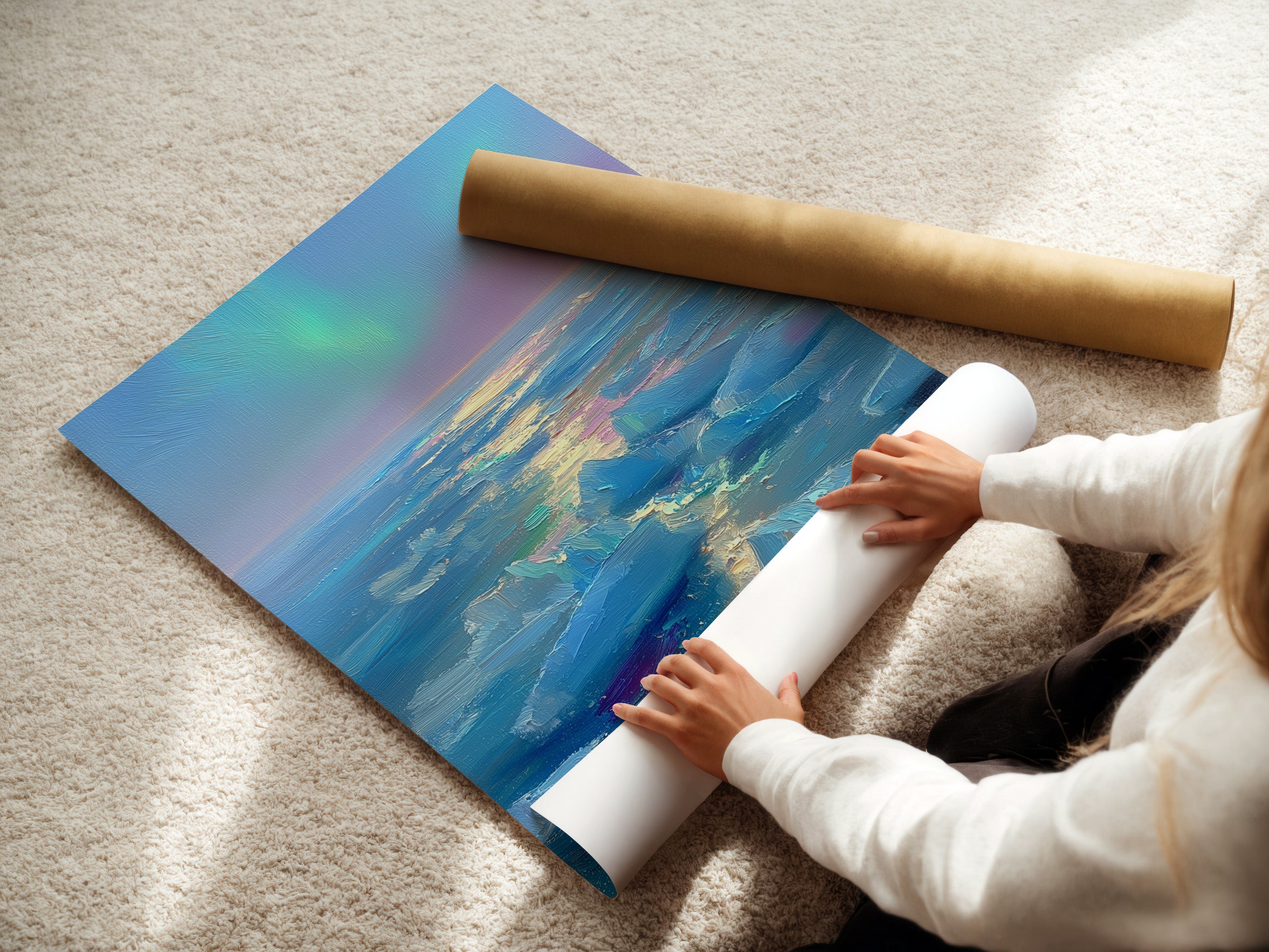 A woman is carefully rolling a fine art poster paper. The poster paper is of high quality. It ensures vibrant colors and sharp details in the artwork. This protects the integrity of the artwork. Get ready to display it in your home or office.