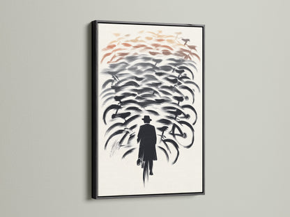 Enhance your decor with this black framed abstract canvas. Showcasing a man with bike this modern art print is impactful. Ideal for creating a stylish office wall. Explore our bicycle artwork for minimalist art solutions today.