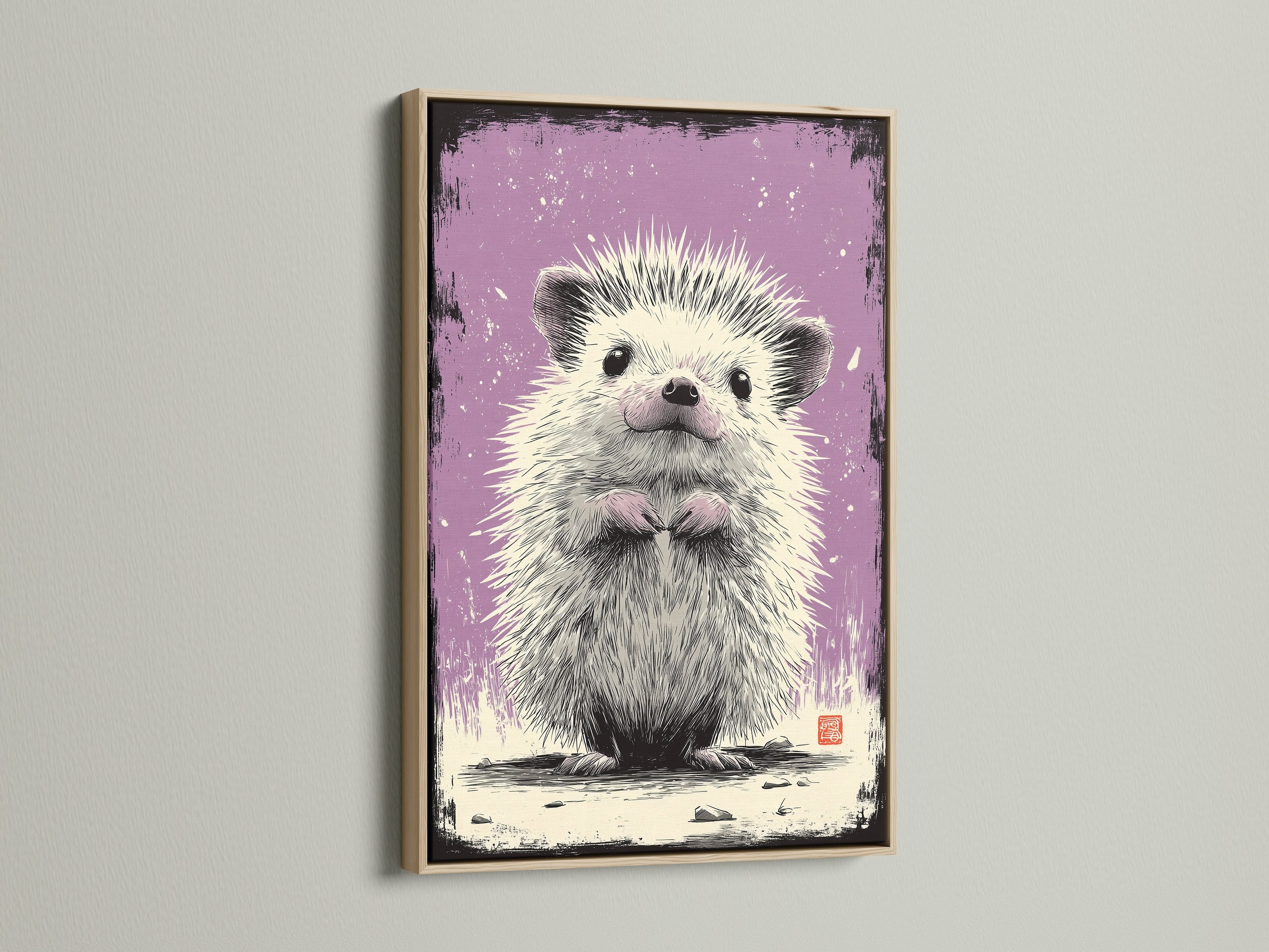 A framed artwork displays a cute hedgehog. This art is showcased with an oak frame. The frame enhances the artwork's appeal. This piece adds warmth to the space. Perfect for animal lovers or anyone seeking cozy art.