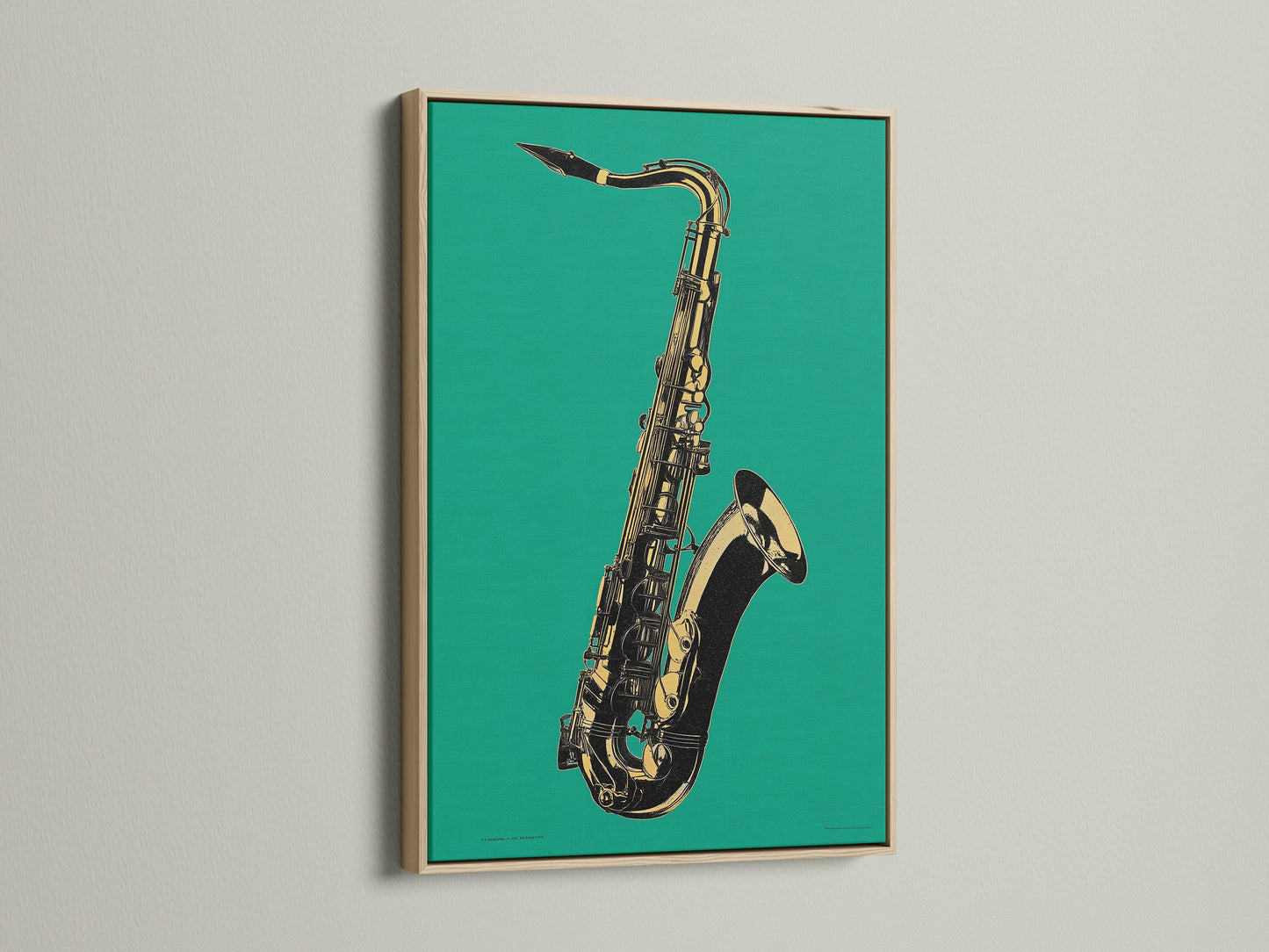 Elevate your space with jazz wall art. This oak frame showcases a saxophone artwork. The teal green music room decor is perfect for music lovers. The instrument print brings harmony to any room. Find the perfect music studio art today.