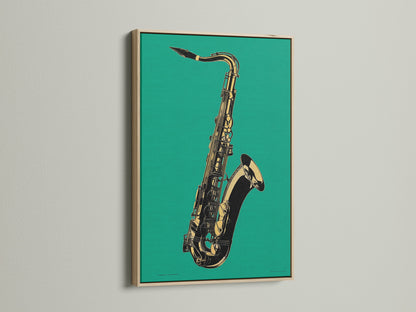 Elevate your space with jazz wall art. This oak frame showcases a saxophone artwork. The teal green music room decor is perfect for music lovers. The instrument print brings harmony to any room. Find the perfect music studio art today.