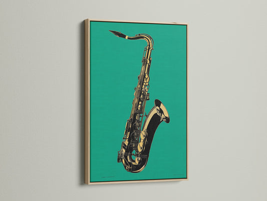 Elevate your space with jazz wall art. This oak frame showcases a saxophone artwork. The teal green music room decor is perfect for music lovers. The instrument print brings harmony to any room. Find the perfect music studio art today.