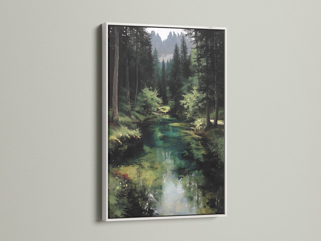 The forest river artwork is displayed in a white frame. The contrast enhances the emerald green wall art. This woodland landscape painting is ideal for any room. The white frame complements rustic or farmhouse decor. The nature artwork brings a sense of peace and tranquility. Discover cabin wall art that elevates your space.