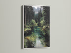 The forest river artwork is displayed in a white frame. The contrast enhances the emerald green wall art. This woodland landscape painting is ideal for any room. The white frame complements rustic or farmhouse decor. The nature artwork brings a sense of peace and tranquility. Discover cabin wall art that elevates your space.