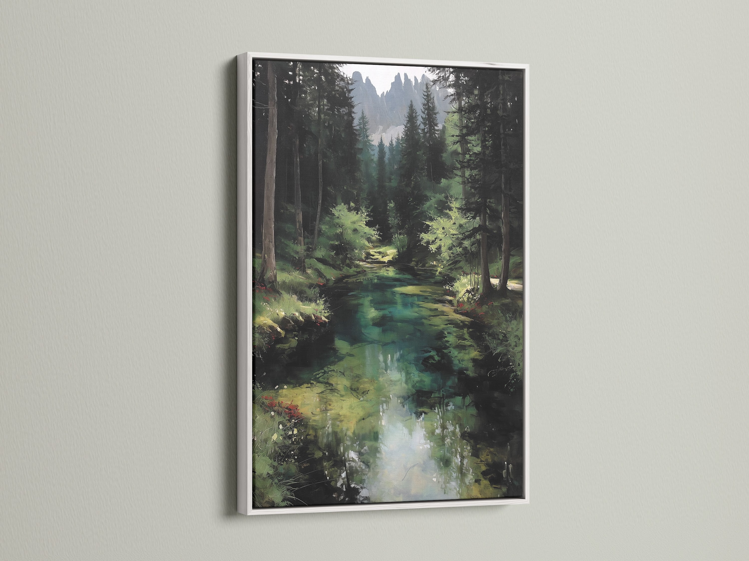 The forest river artwork is displayed in a white frame. The contrast enhances the emerald green wall art. This woodland landscape painting is ideal for any room. The white frame complements rustic or farmhouse decor. The nature artwork brings a sense of peace and tranquility. Discover cabin wall art that elevates your space.