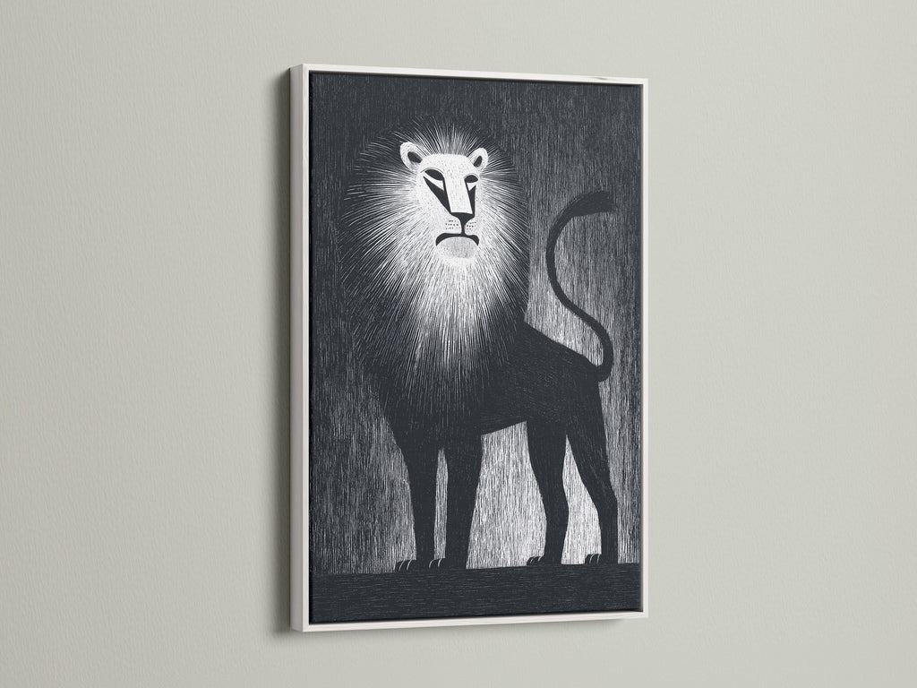 A modern lion artwork is beautifully encased in a white frame. The art is mounted on a clean white wall. The white frame provides a sleek elegant look. This piece offers a fresh aesthetic.