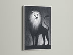 A modern lion artwork is beautifully encased in a white frame. The art is mounted on a clean white wall. The white frame provides a sleek elegant look. This piece offers a fresh aesthetic.