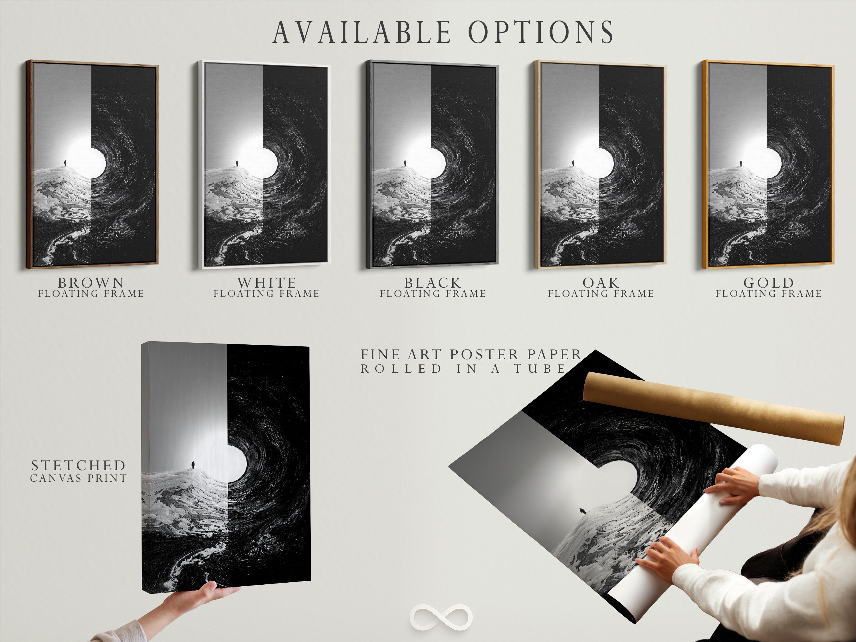 Available options include a stretched canvas print. Other options are fine art poster paper and a floating frame. Customers can select their preferred presentation style. Customize your artwork to match your unique taste.