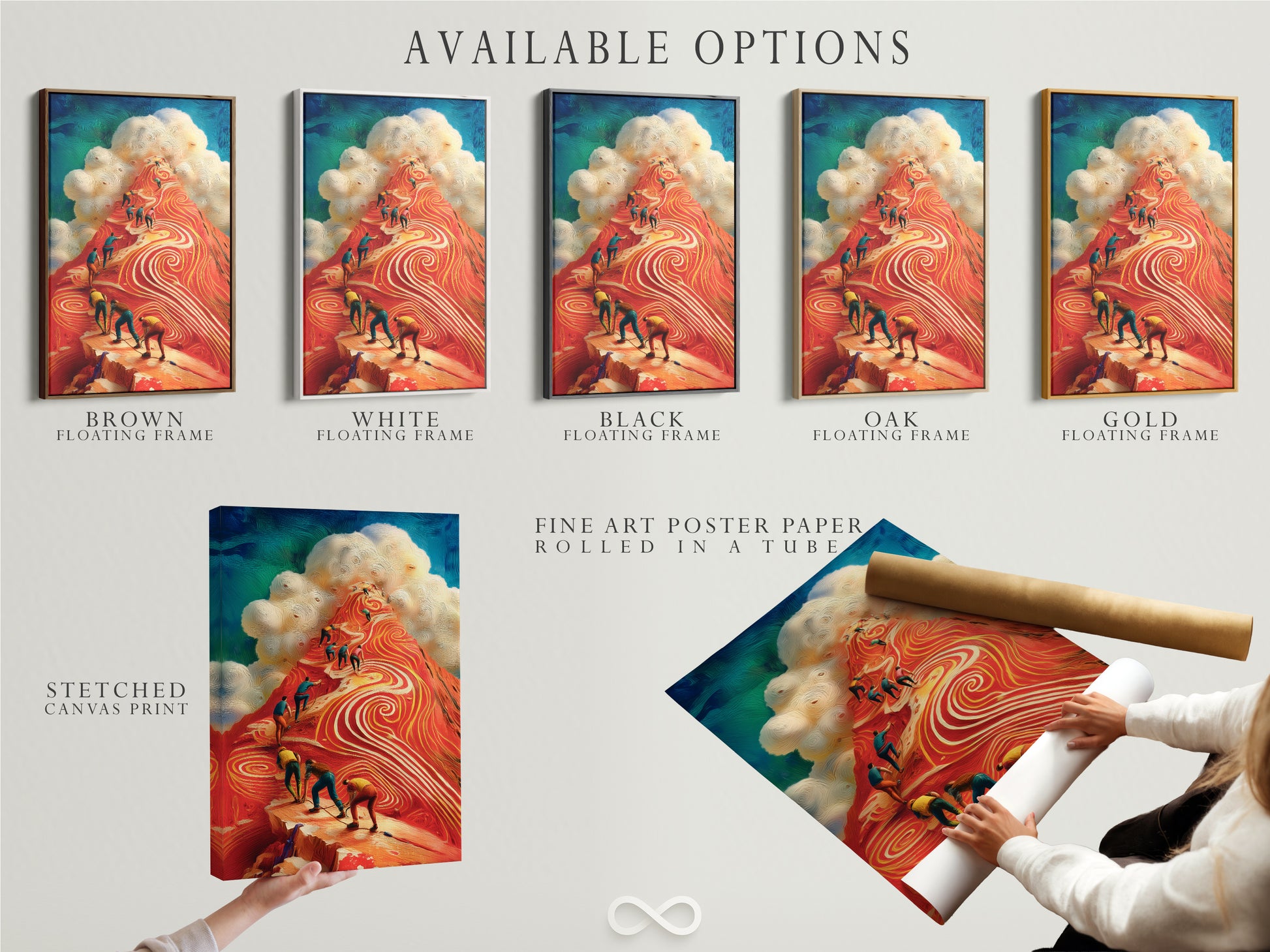 Explore the available options for the Mountain Climbers artwork. Choose from a stretched canvas print fine art poster paper or a floating frame. Customize your art to match your style. Perfect for adding adventure seeker art to your office decor. Inspire ambition today.