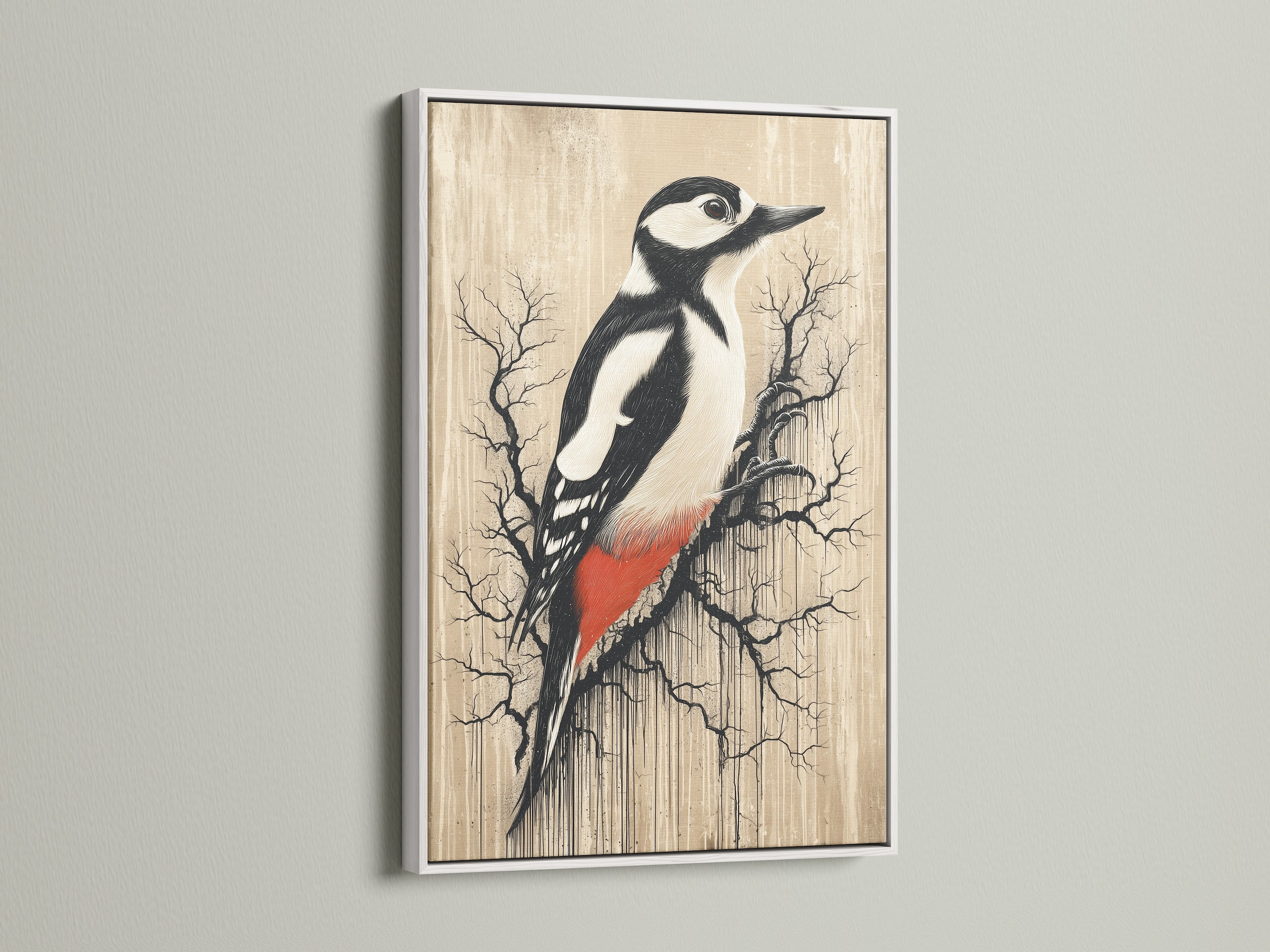 Woodpecker artwork in a white frame. A vintage bird wall art piece with neutral tones. The artwork is suited for a study room. This ornithology print is a great birdwatcher gift. The white frame elevates minimalist Scandinavian farmhouse or eclectic styles. Ideal for any living room bedroom or office
