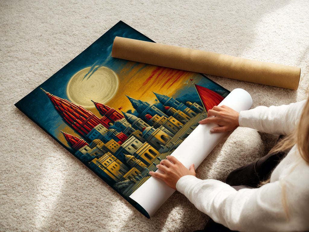 A woman is carefully rolling a fine art poster paper. The paper features a medieval castle and moonlit harbor scene. The artwork is perfect for adding a touch of fantasy to any room. The primary color is red. Gold is the secondary color.