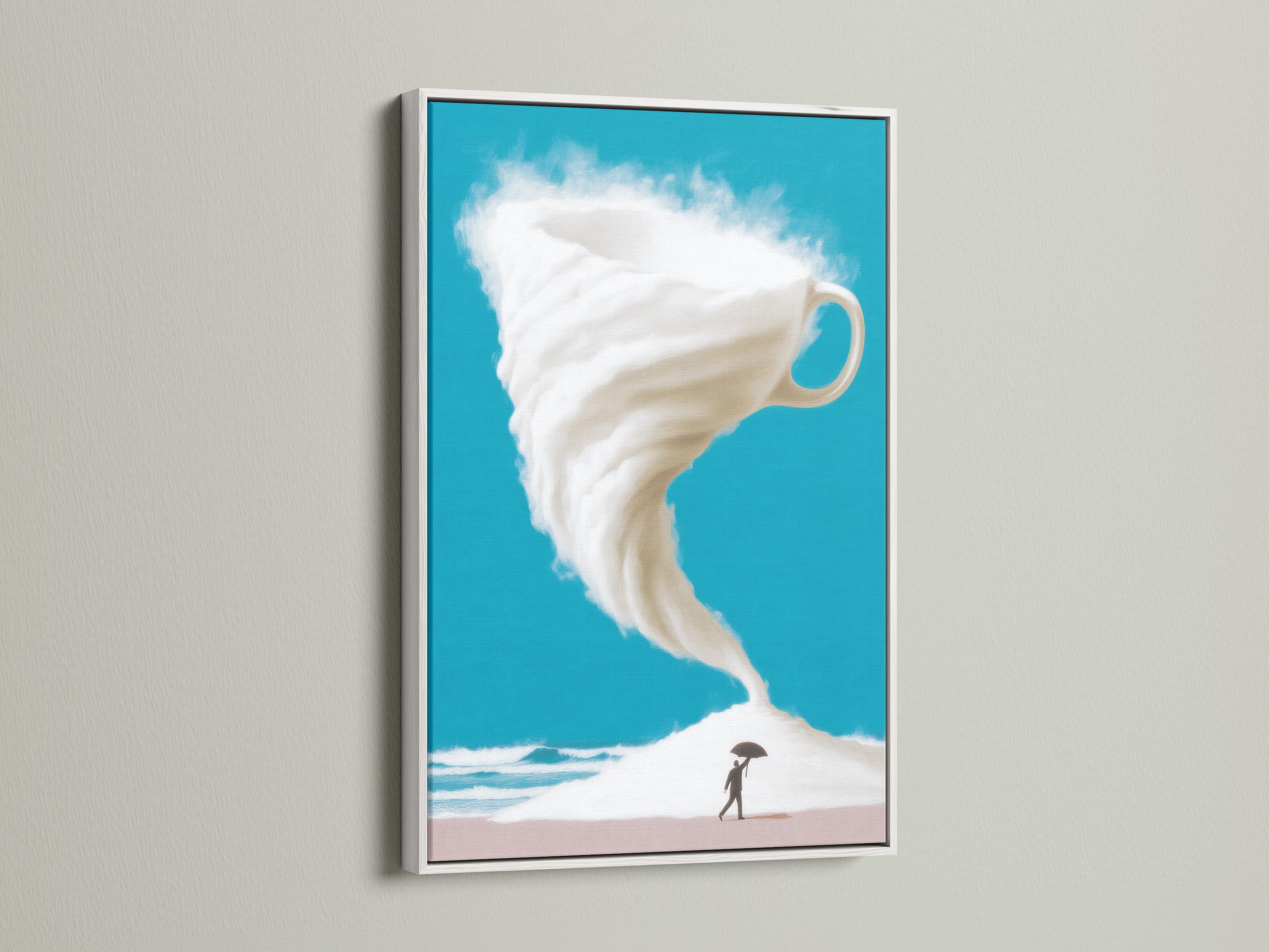 This stunning surreal coffee cup storm artwork is showcased in a clean white frame. The fantasy beach art print features a captivating turquoise sky. This piece of imaginative art is ideal for adding a modern touch to your home decor. Perfect for art collectors and coffee shop owners.