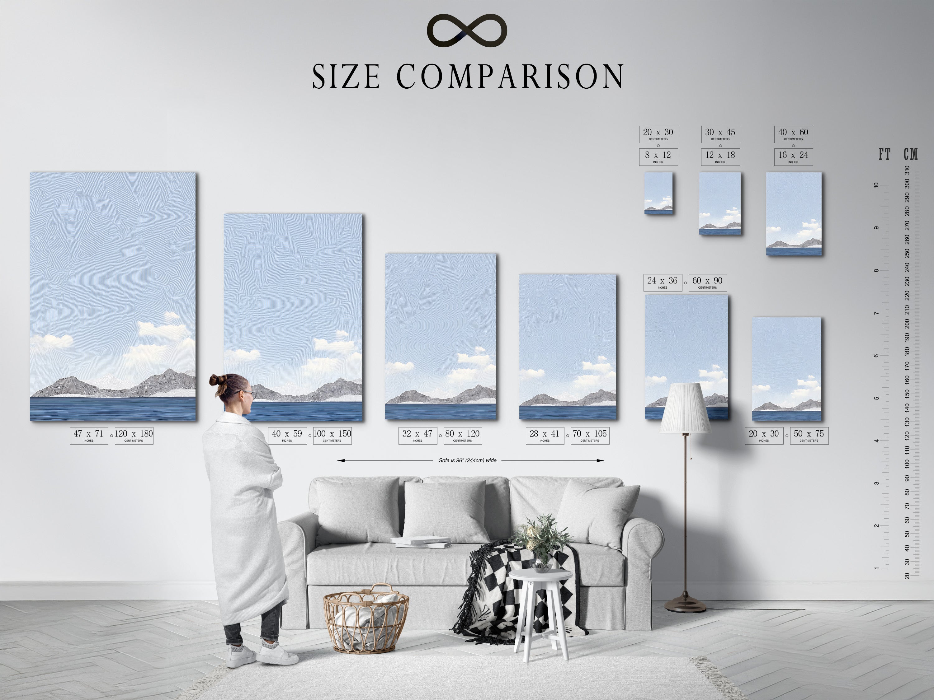 A size comparison chart in an interior setting. This chart helps visualize art dimensions. Choose the perfect size for your space. See how different sizes impact a room. Make informed art buying decisions.