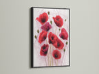 See the Red Poppy artwork framed in black. This bold choice emphasizes the botanical wall art. The crimson wall art becomes a focal point. A stylish option for office wall art or studio decor.