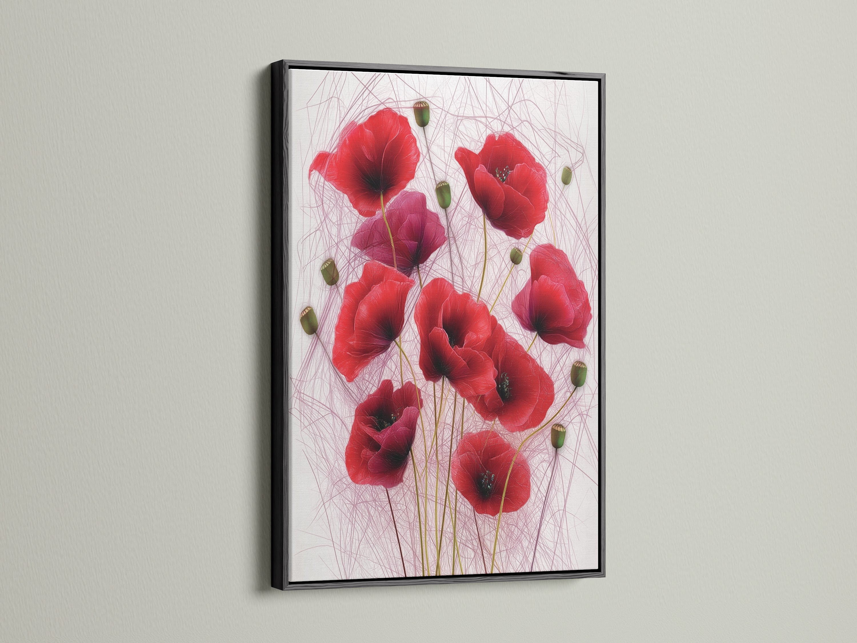 See the Red Poppy artwork framed in black. This bold choice emphasizes the botanical wall art. The crimson wall art becomes a focal point. A stylish option for office wall art or studio decor.