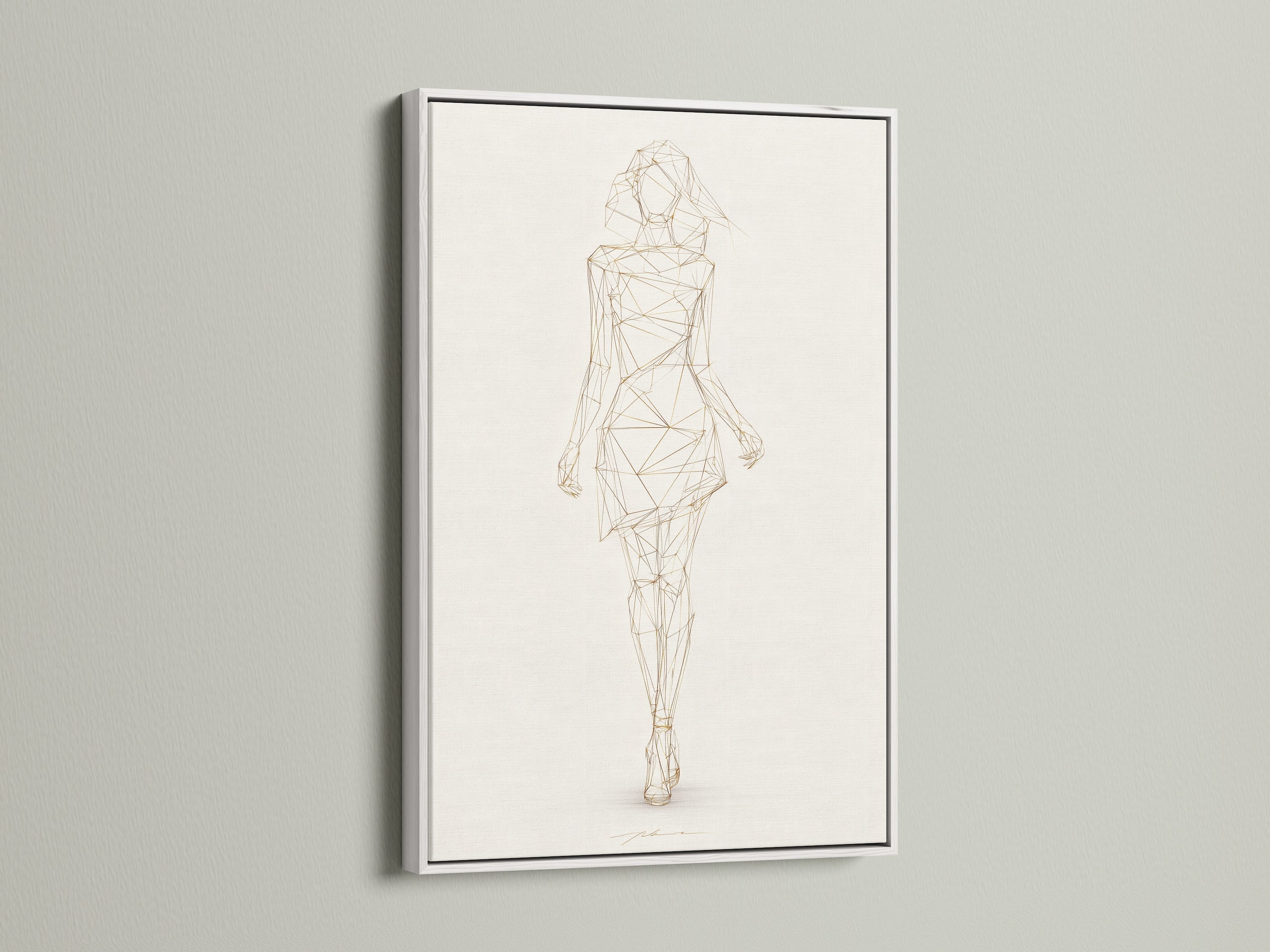 Geometric Woman art in a white floating frame. This minimalist line drawing is modern fashion sketch artwork. The beige and gold colors will stand out. It's perfect for the living room. Enhance your space with this refined contemporary wall decor. Ideal for minimalist modern or Scandinavian aesthetics
