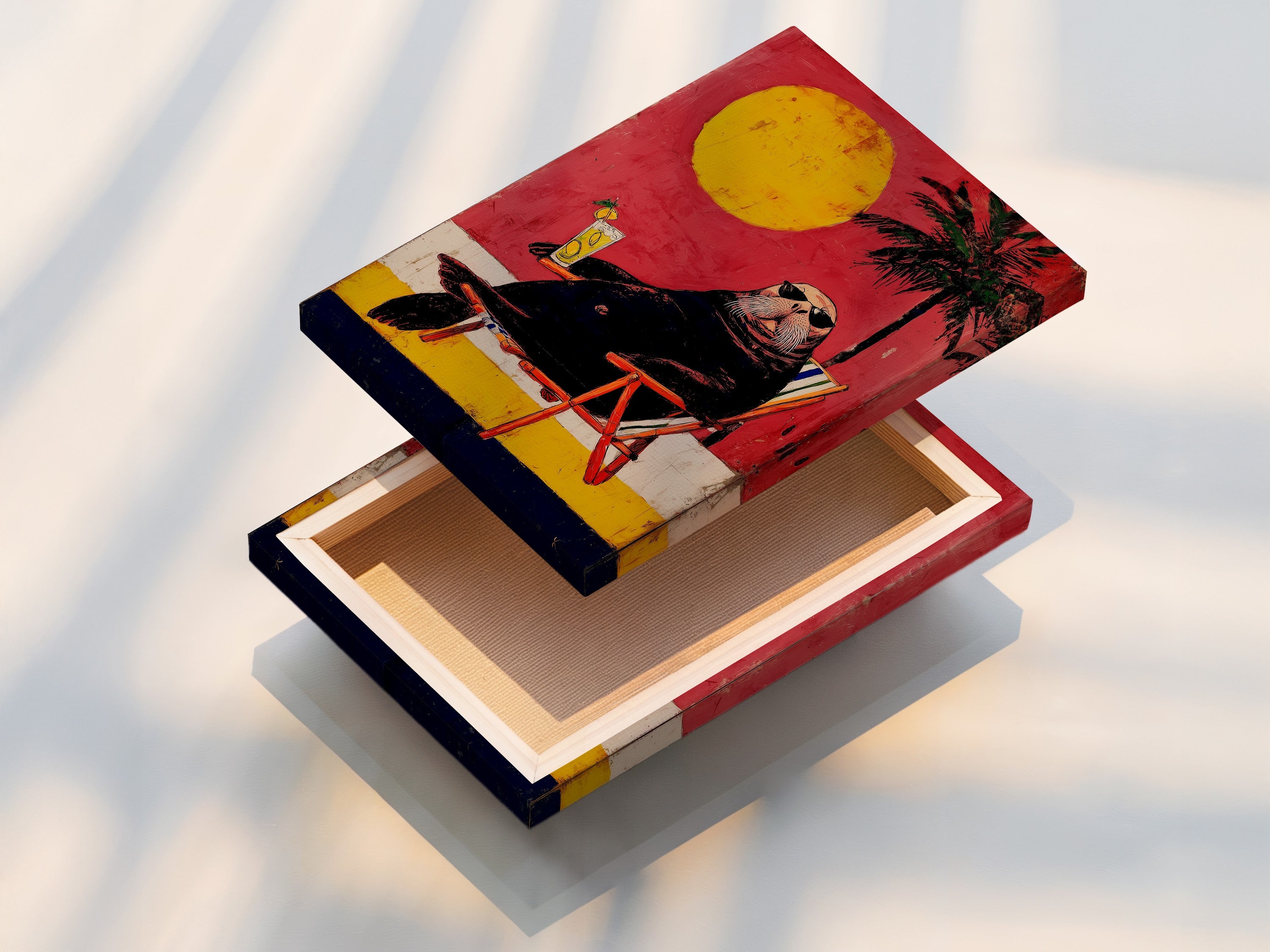 This is a stretched canvas print of the Walrus Beach artwork. The canvas enhances the colors. It's perfect for living rooms and bedrooms. Add a touch of summer with this retro animal canvas print. It suits coastal and eclectic styles.