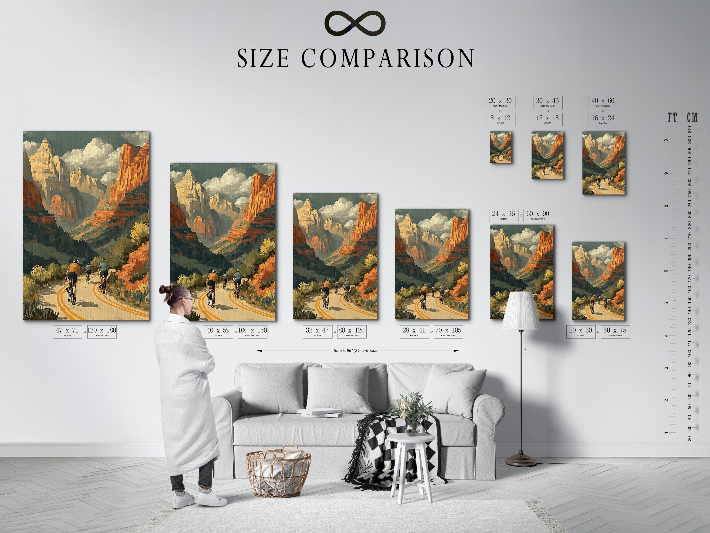 A size comparison chart is displayed in an interior setting. The chart shows the available sizes for the vintage cycling poster. You can choose the perfect size for your space. The desert canyon artwork looks great in any dimension. The retro travel print adds a touch of adventure to your decor. Find the ideal fit for your Southwestern Wall Art.