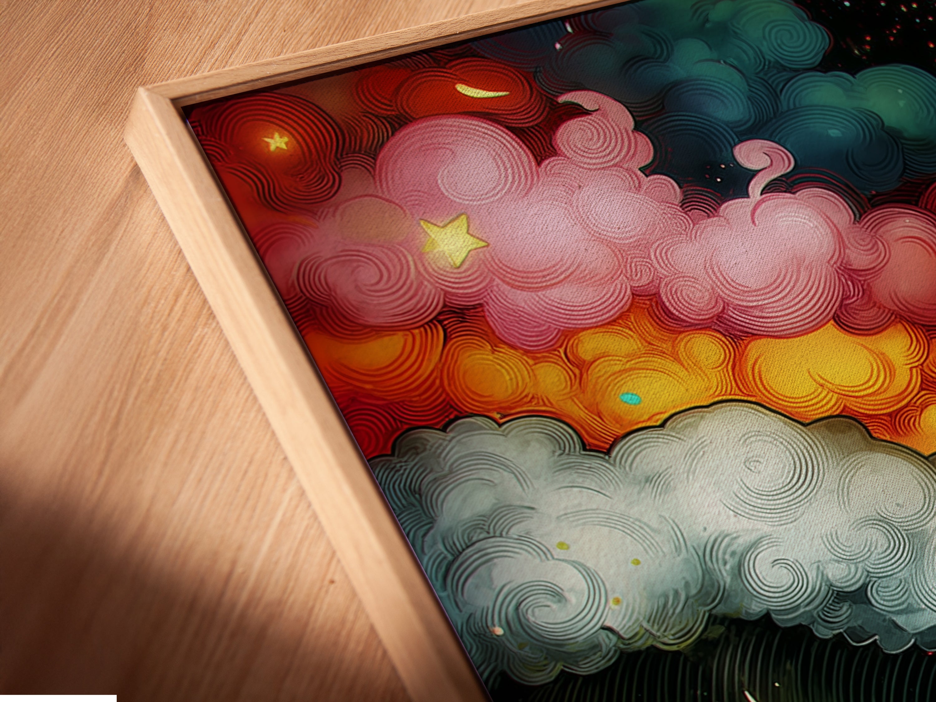 A close-up angled view of a canvas print in a floating frame. The floating frame gives the artwork a modern gallery feel. The canvas of the Cosmic Wave art seems to float within the frame. A unique way to display celestial artwork.