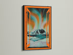 A black frame features Aurora Borealis artwork. This Nordic landscape wall art includes an open window view. The art combines teal and orange hues. This Scandinavian decor adds a modern touch to any room.