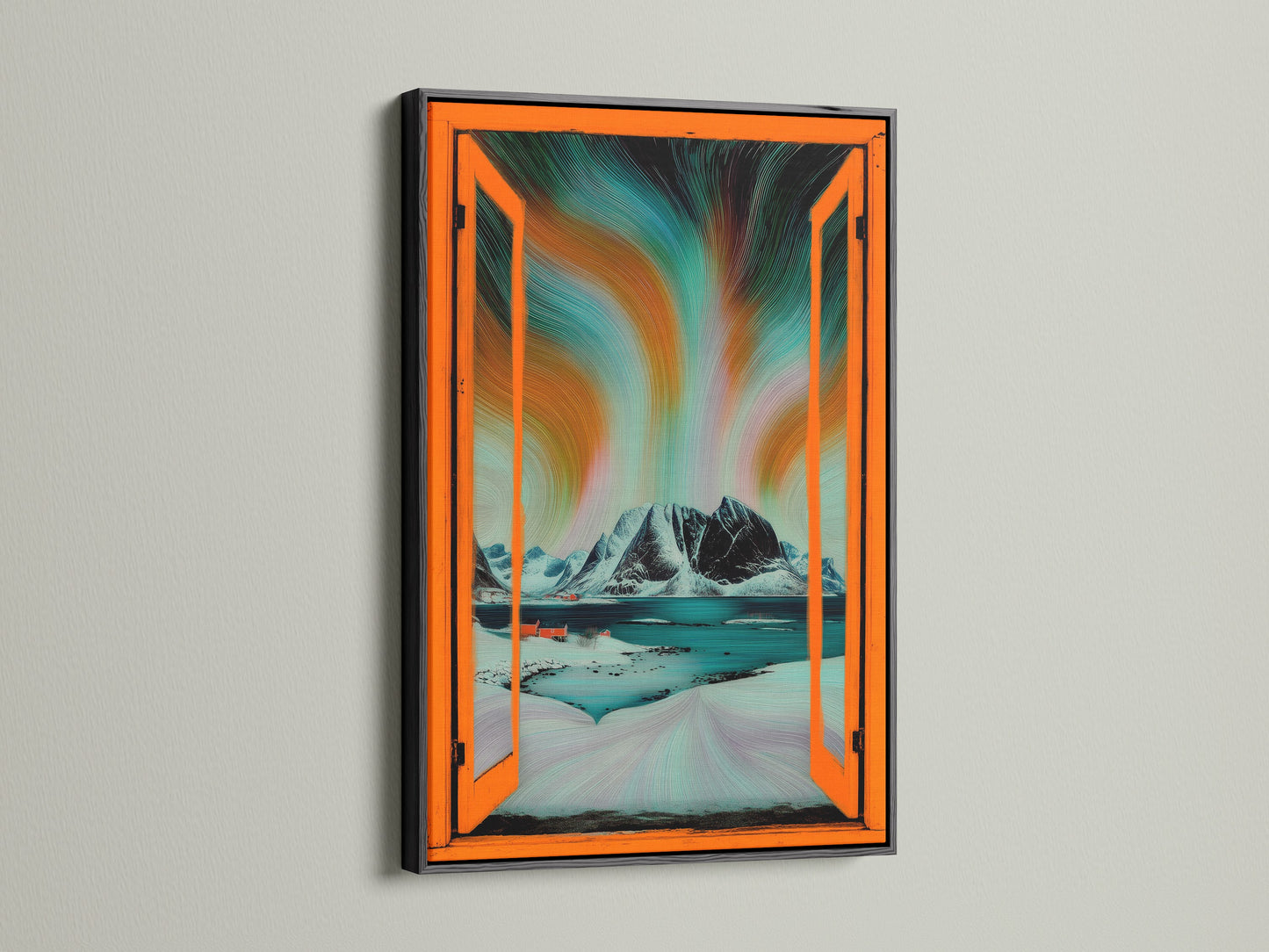 A black frame features Aurora Borealis artwork. This Nordic landscape wall art includes an open window view. The art combines teal and orange hues. This Scandinavian decor adds a modern touch to any room.