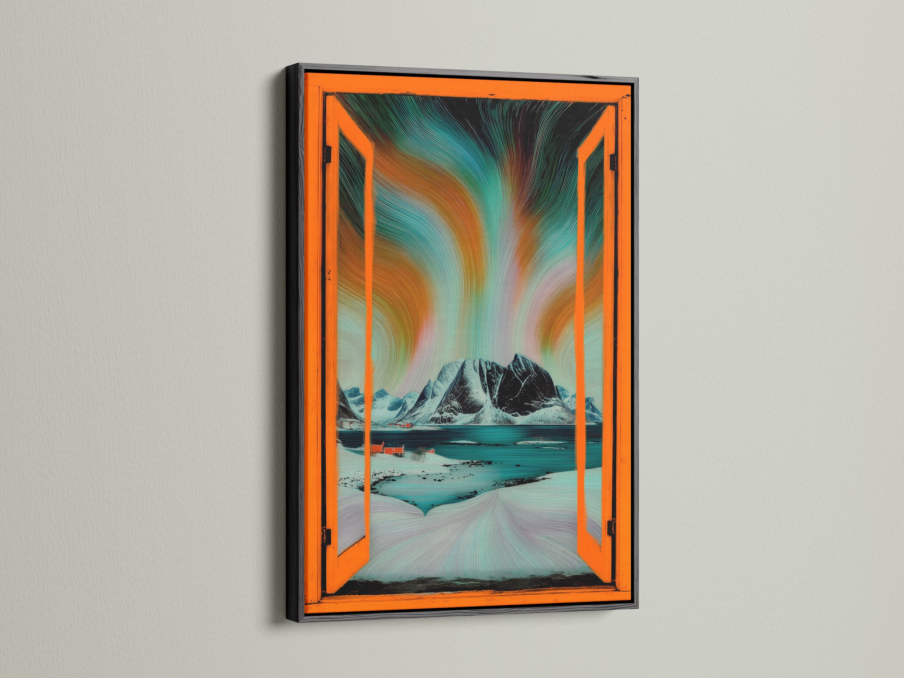 A black frame features Aurora Borealis artwork. This Nordic landscape wall art includes an open window view. The art combines teal and orange hues. This Scandinavian decor adds a modern touch to any room.