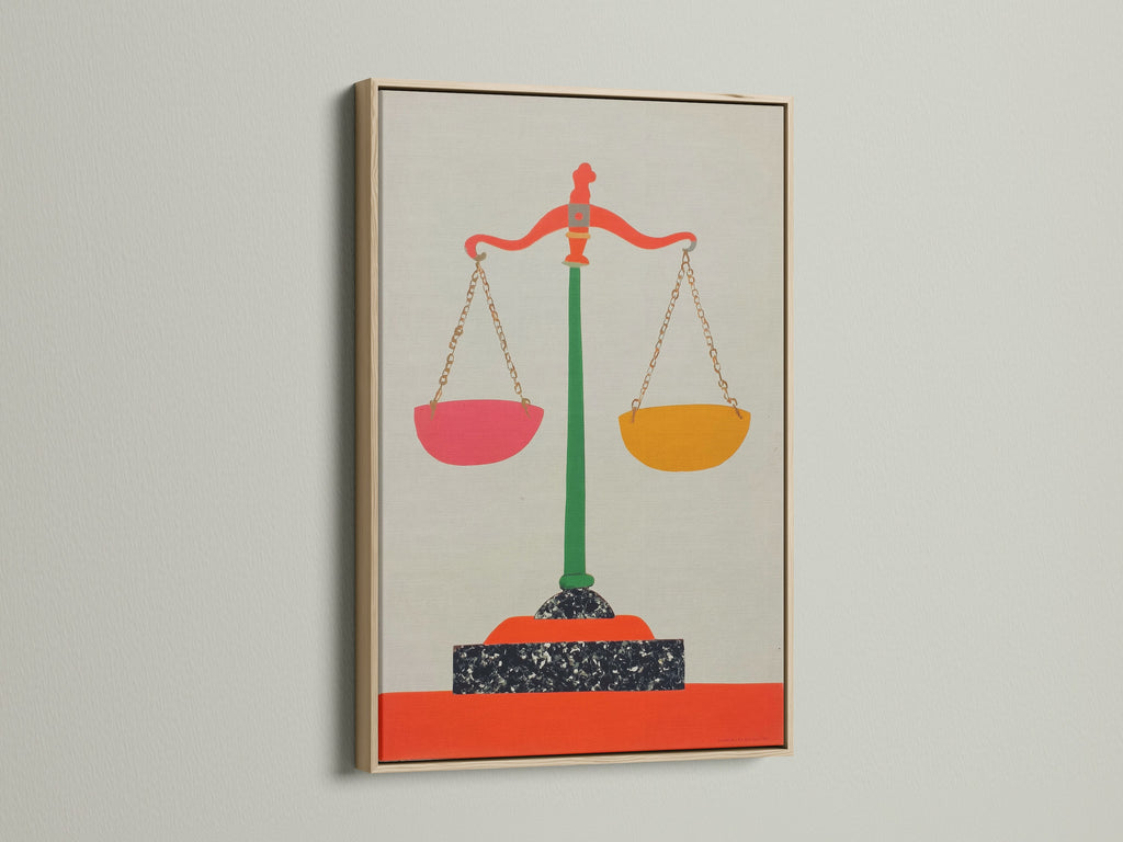 Justice Scales artwork in an oak frame. The light wood complements the colorful legal art. Enhance your law firm's decor with this stylish scales canvas print. It is ideal for any office or study room.