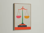 Justice Scales artwork in an oak frame. The light wood complements the colorful legal art. Enhance your law firm's decor with this stylish scales canvas print. It is ideal for any office or study room.