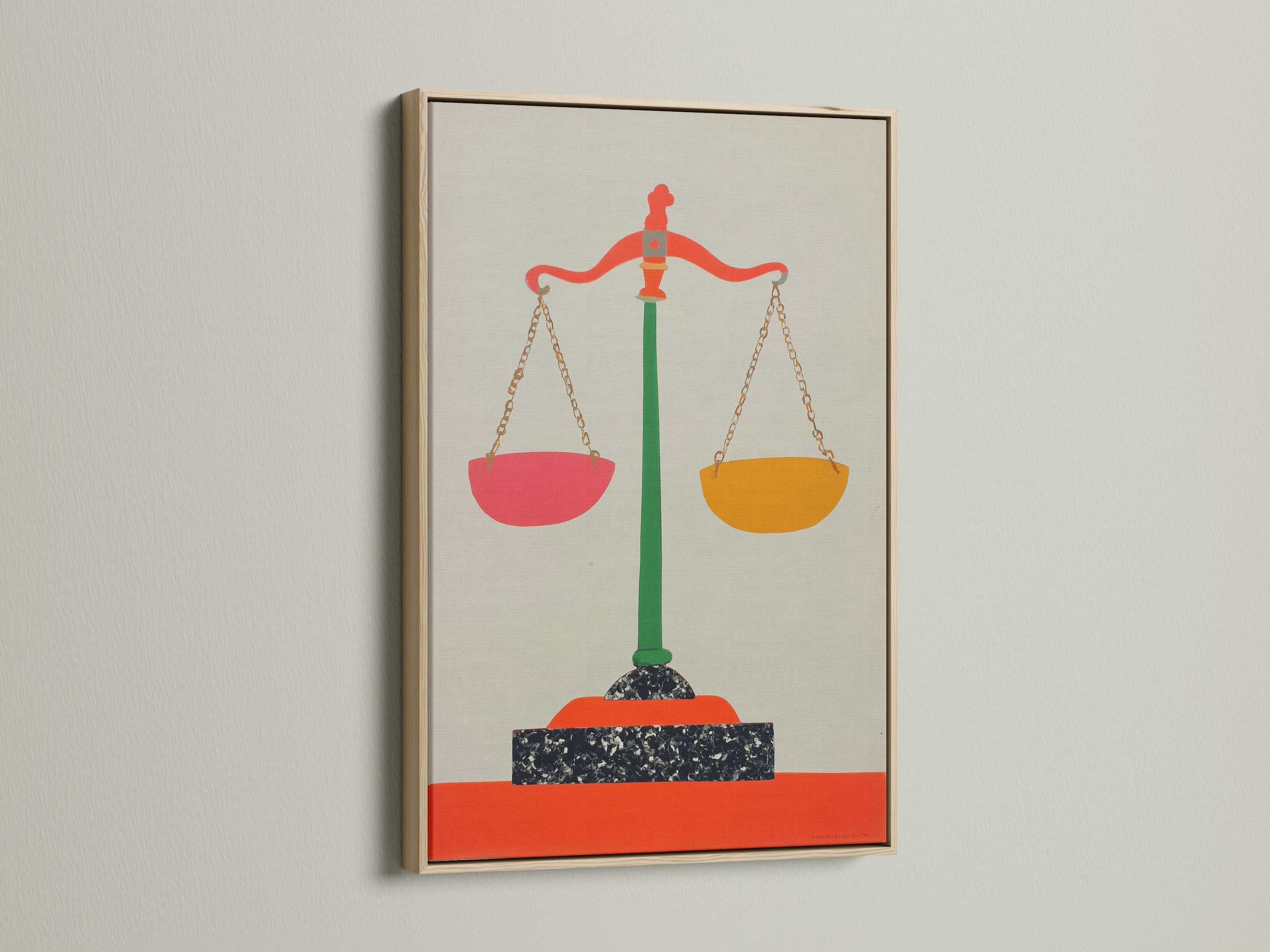 Justice Scales artwork in an oak frame. The light wood complements the colorful legal art. Enhance your law firm's decor with this stylish scales canvas print. It is ideal for any office or study room.