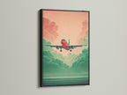 Aviation Wall Art with a black frame. This artwork features an airplane in a teal and coral sky. This aviation print is perfect for modern spaces. It's ideal for aviation enthusiasts and travel agencies. This modern wall art is a great conversation starter. It will be a great addition to your space
