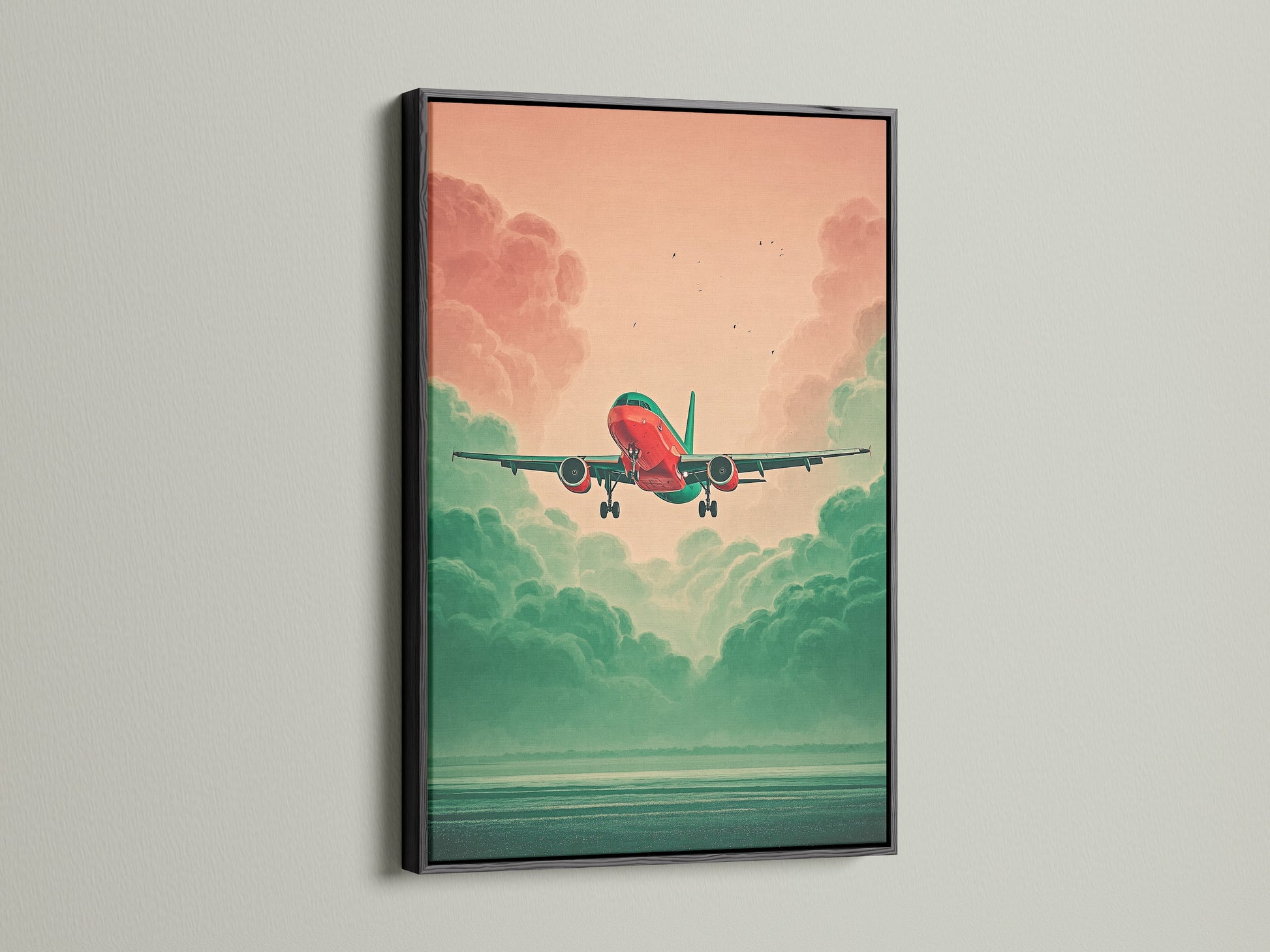 Aviation Wall Art with a black frame. This artwork features an airplane in a teal and coral sky. This aviation print is perfect for modern spaces. It's ideal for aviation enthusiasts and travel agencies. This modern wall art is a great conversation starter. It will be a great addition to your space