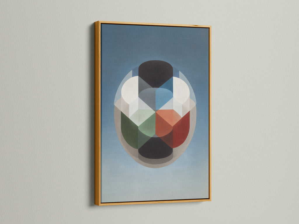 Mid Century Modern Art Print with a Gold Frame. This geometric print features an abstract design. Perfect for retro decor and modern canvas art. Add a touch of elegance to your office or bedroom walls.