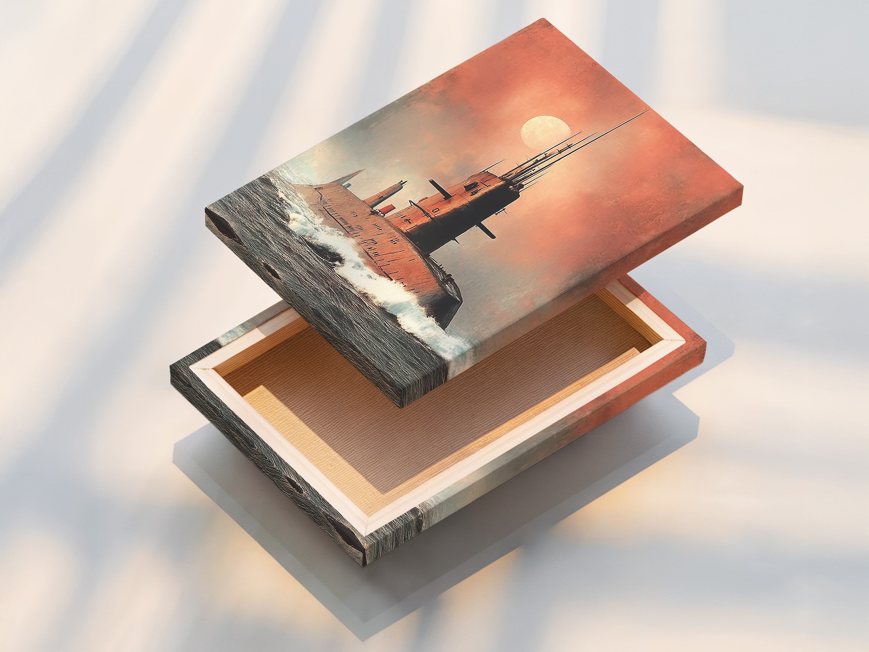 A stretched canvas print featuring vintage naval wall art. This ready-to-hang option brings military history to your walls. The stretched canvas enhances the texture and depth of the submarine art. Perfect for any room.