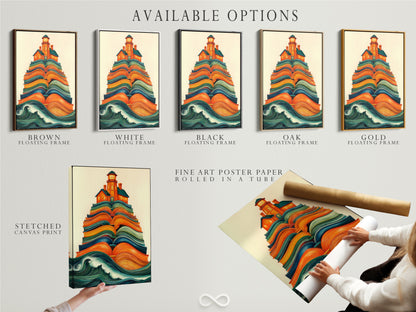 Explore available options for the Lighthouse on Books artwork. Choose from a stretched canvas print fine art poster paper or floating frame. Customize your perfect piece of nautical artwork today.