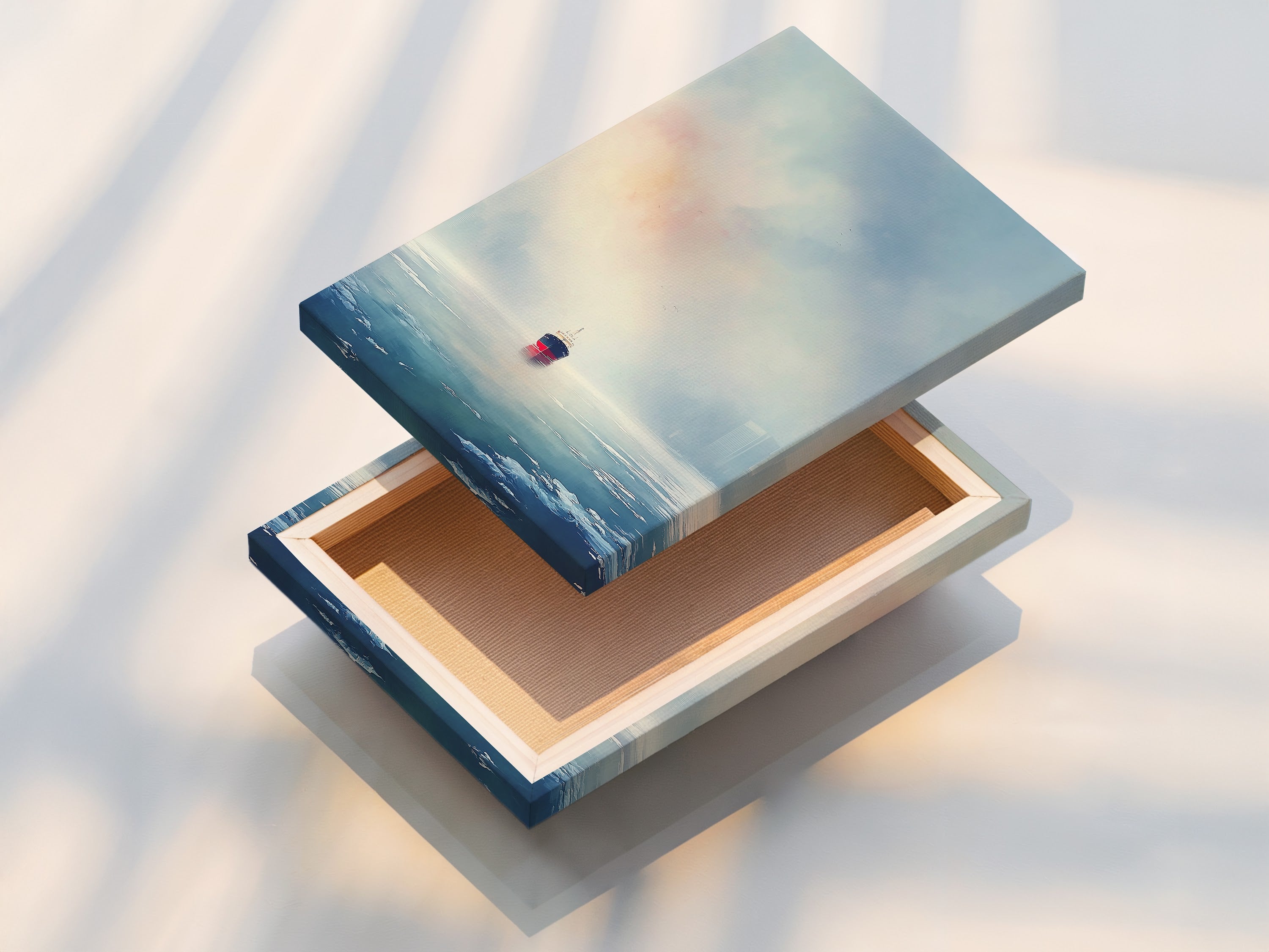 The image shows a stretched canvas print featuring an ocean liner in a serene seascape. The stretched canvas provides a gallery wrapped appearance. This canvas print is perfect for minimalist coastal or nautical spaces. Elevate your walls with this ready to hang maritime artwork. It is ideal for living rooms bedrooms offices or boardrooms