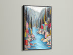 Village River scandi wall art in a black frame. The bold black frame adds a modern touch. The colorful artwork contrasts beautifully against the dark frame. It makes a striking statement in any room. This piece is perfect for those who love contemporary decor.