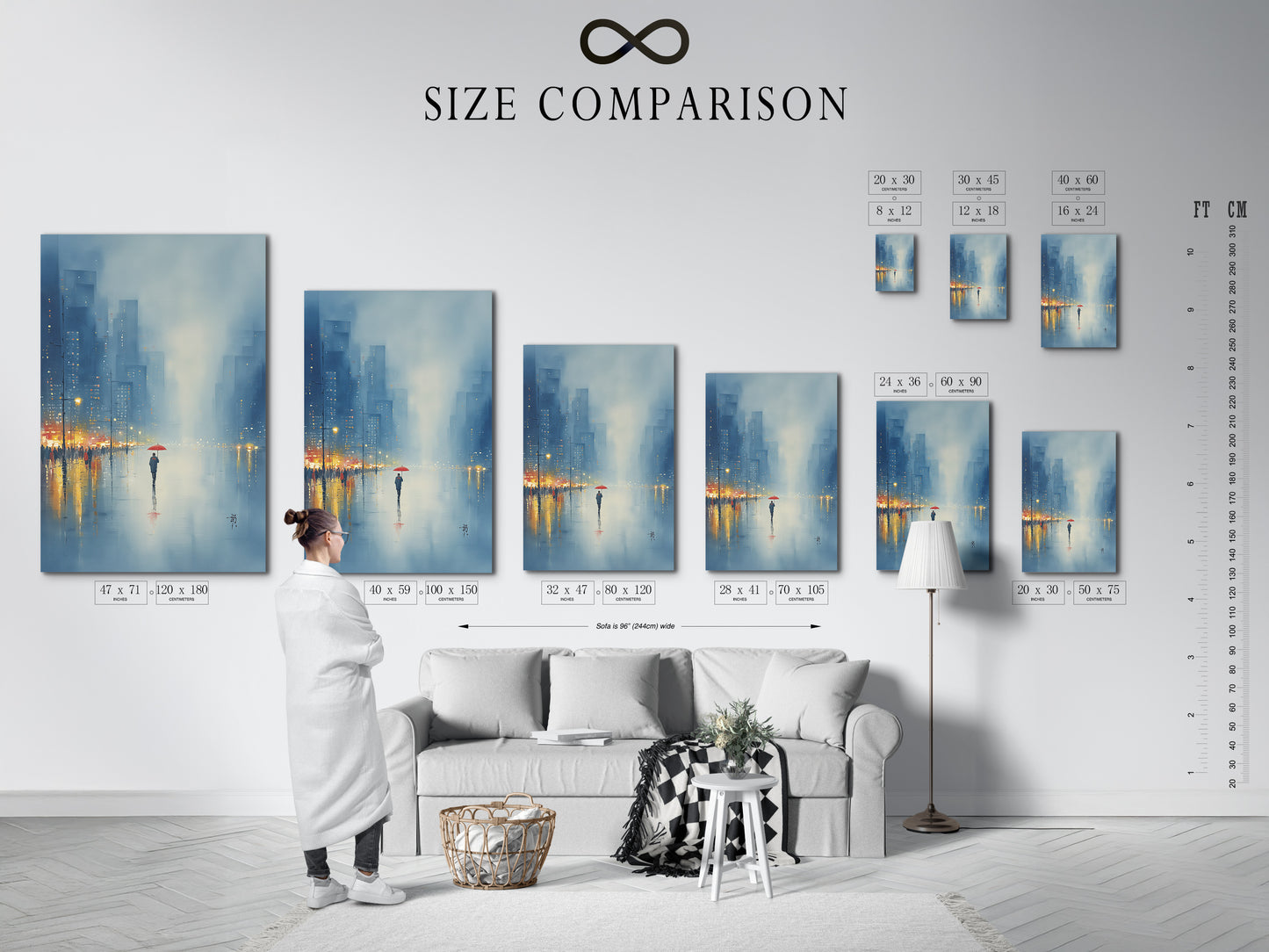 View our size comparison chart for cityscape art in an interior setting. This helps you visualize the perfect fit for your space. Choose from various sizes of our urban artwork. See how the rainy day print enhances your decor. Ideal for office wall decor or home galleries. Plan your art