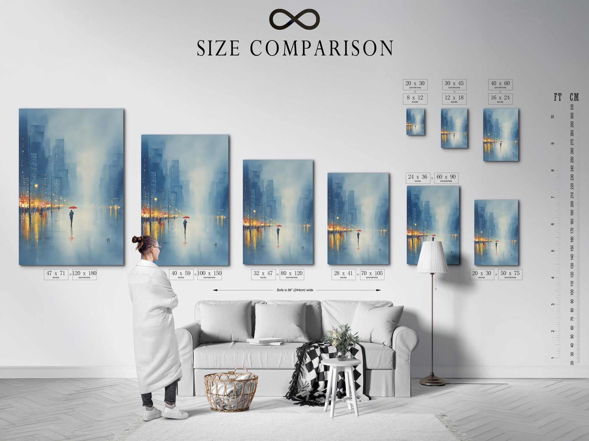 View our size comparison chart for cityscape art in an interior setting. This helps you visualize the perfect fit for your space. Choose from various sizes of our urban artwork. See how the rainy day print enhances your decor. Ideal for office wall decor or home galleries. Plan your art