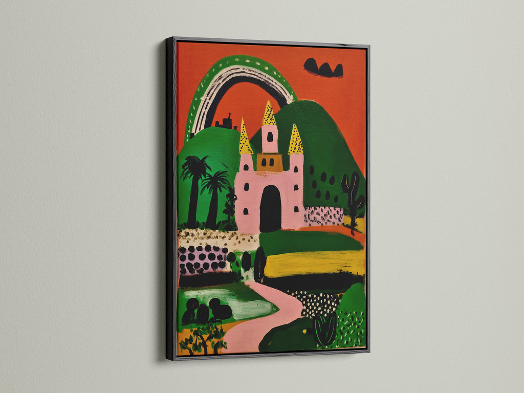 A black frame accentuates this castle art print. The colorful artwork is perfect for playroom decor. This whimsical art piece features a pink castle and green landscape. It's a vibrant fairytale print for kids room art.