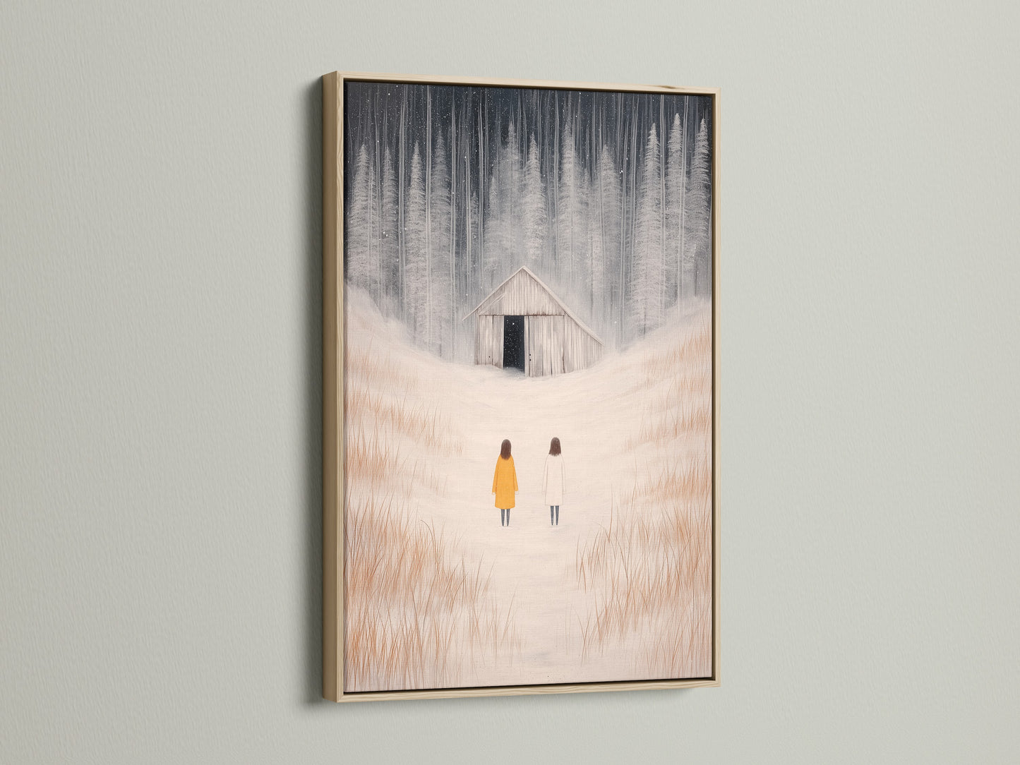 The oak frame enhances the winter landscape artwork. Figures are seen in a snowy field. This minimalist piece suits farmhouse and modern styles. Perfect wall decor for a cozy atmosphere.