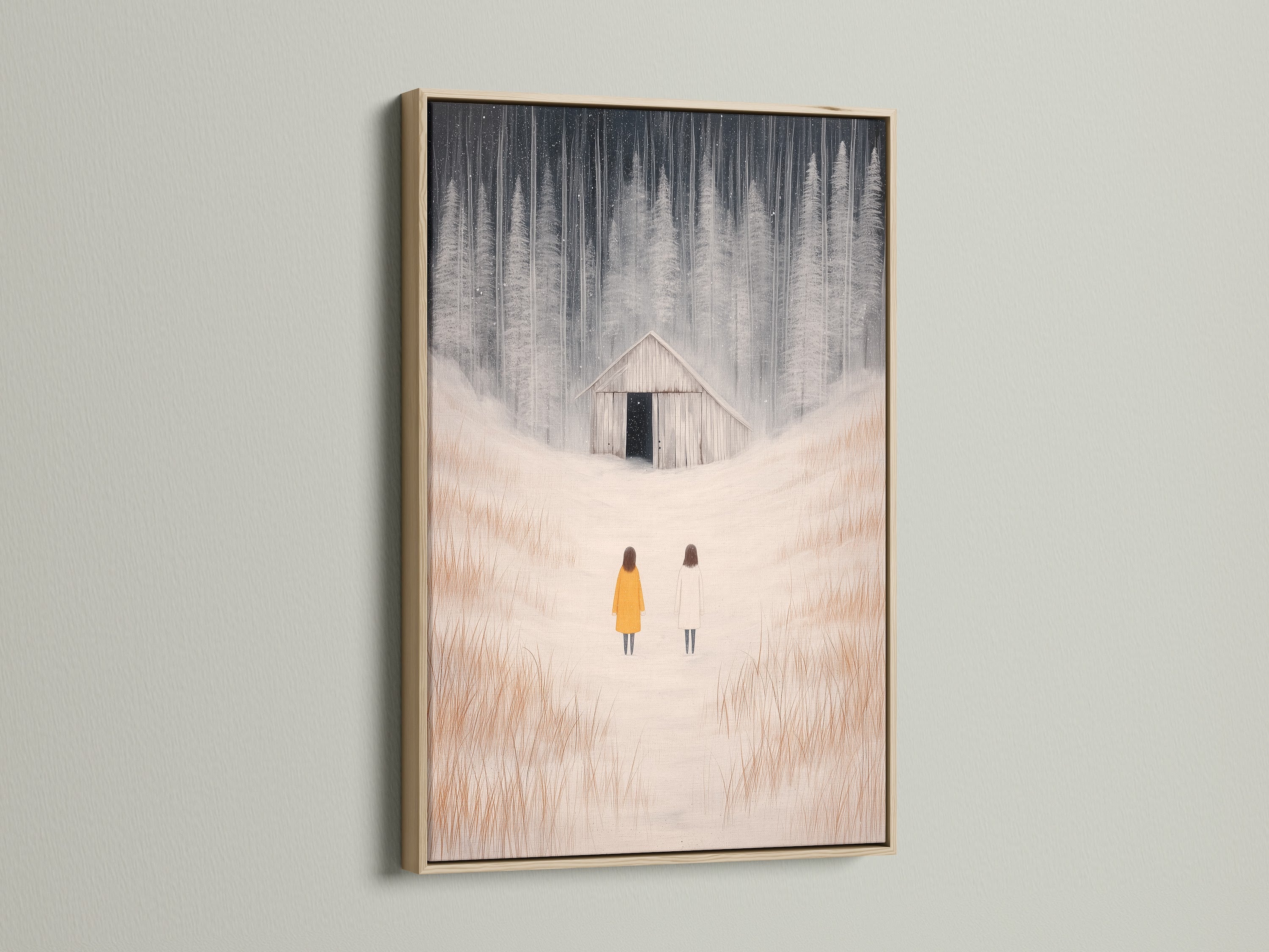 The oak frame enhances the winter landscape artwork. Figures are seen in a snowy field. This minimalist piece suits farmhouse and modern styles. Perfect wall decor for a cozy atmosphere.