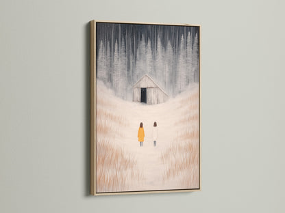 The oak frame enhances the winter landscape artwork. Figures are seen in a snowy field. This minimalist piece suits farmhouse and modern styles. Perfect wall decor for a cozy atmosphere.