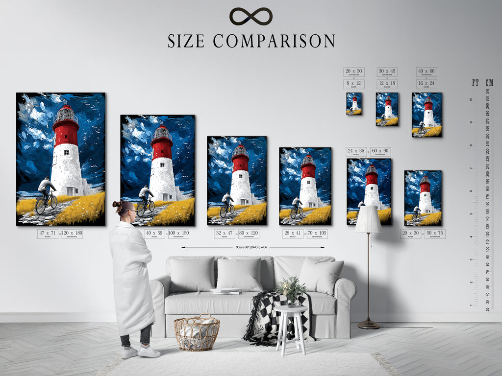 A size comparison chart shows the artwork in an interior setting. See how various sizes of the coastal artwork fit your wall. Choose the perfect dimensions to complement your room's nautical decor.