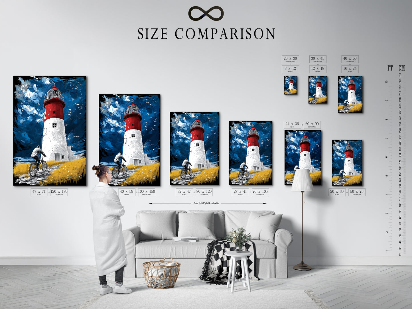A size comparison chart shows the artwork in an interior setting. See how various sizes of the coastal artwork fit your wall. Choose the perfect dimensions to complement your room's nautical decor.