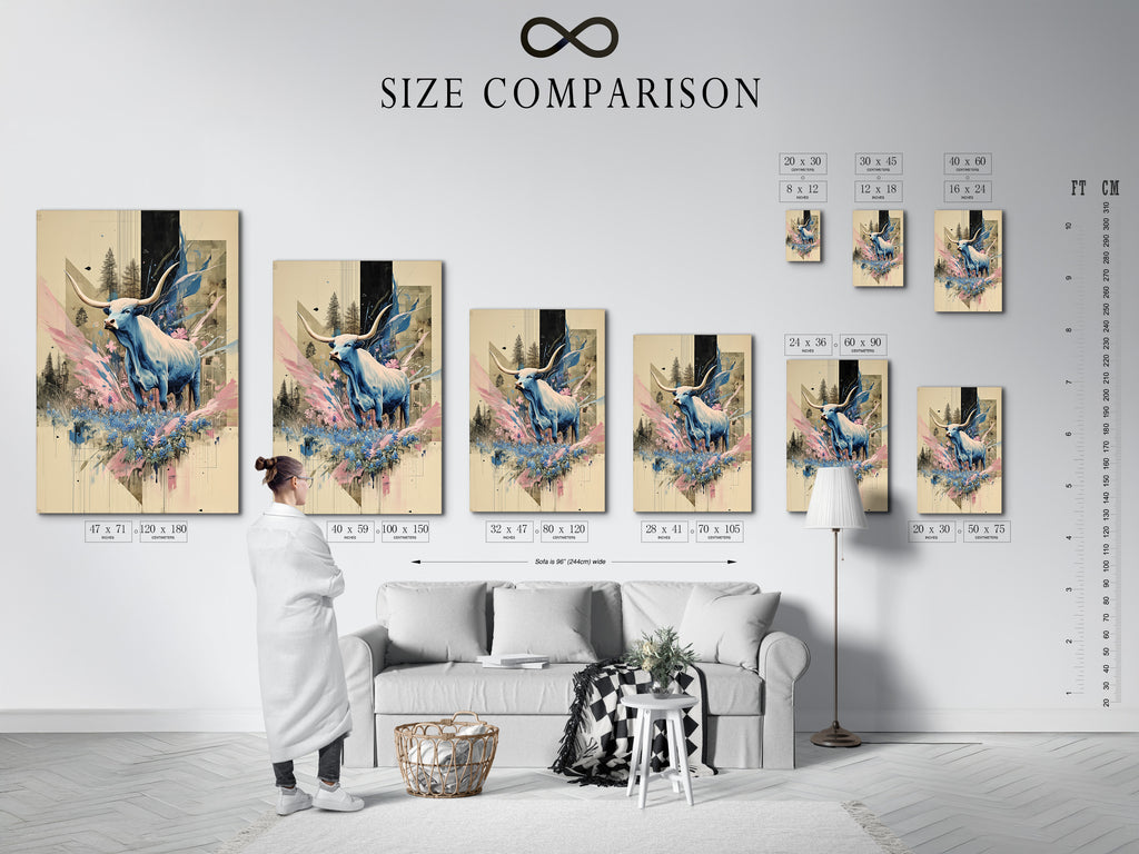 A size comparison chart displayed in an interior setting. Showcasing available sizes for bull art prints. This chart helps visualize the artwork in different dimensions. Making it easier to choose the perfect size for your wall decor needs. Ideal for contemporary animal artwork.
