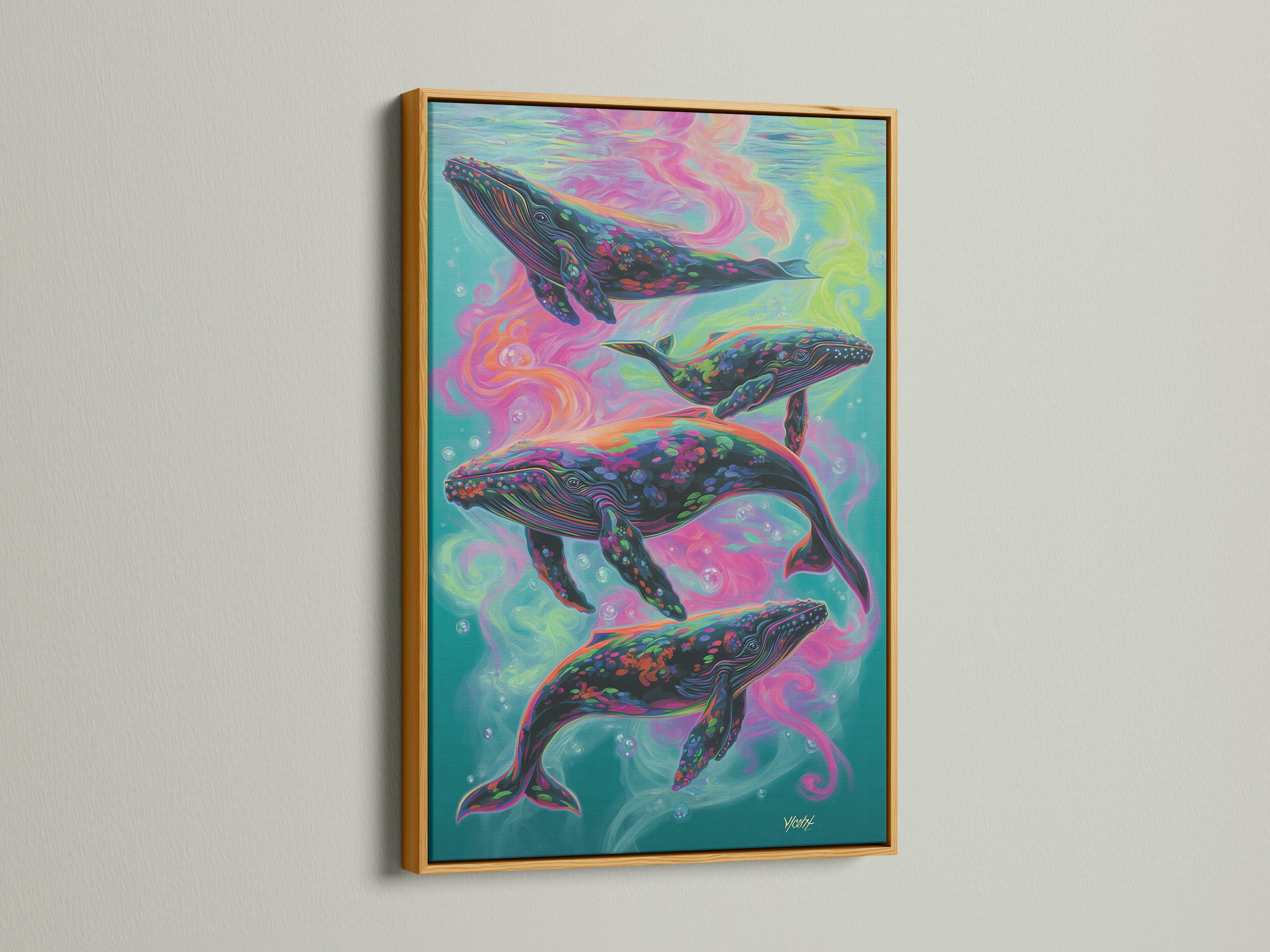 A psychedelic ocean artwork featuring colorful whales. The artwork is displayed in a gold frame. This vibrant marine life art adds a unique touch to any room. Perfect for adding a splash of color and whimsy to your walls. Ideal for bohemian and eclectic styles. A captivating piece for ocean and art enthusiasts.