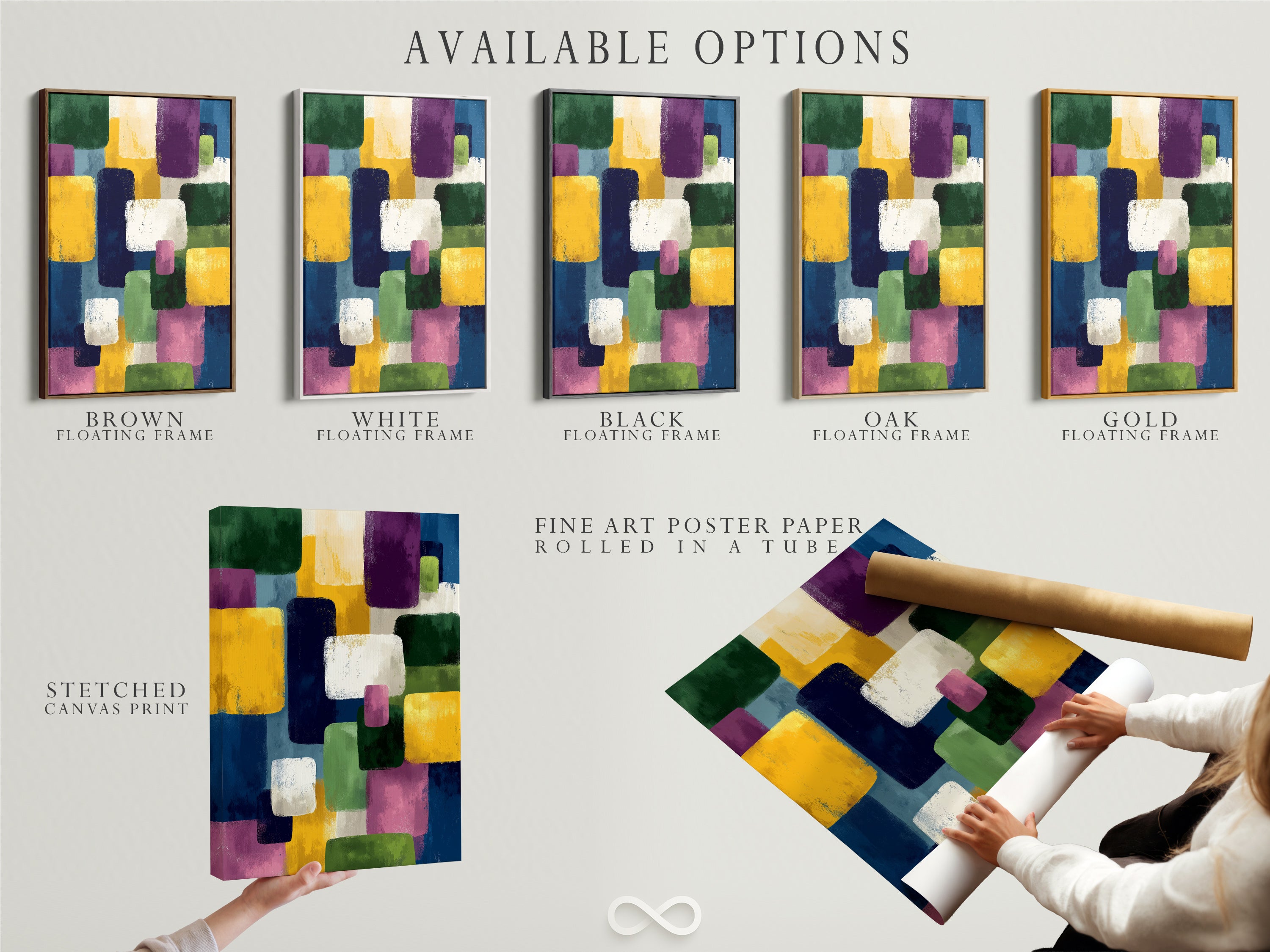 Available options include stretched canvas prints fine art poster paper and floating frames. Showcasing abstract geometric artwork with colorful blocks. Choose the perfect format for your modern wall decor needs now.