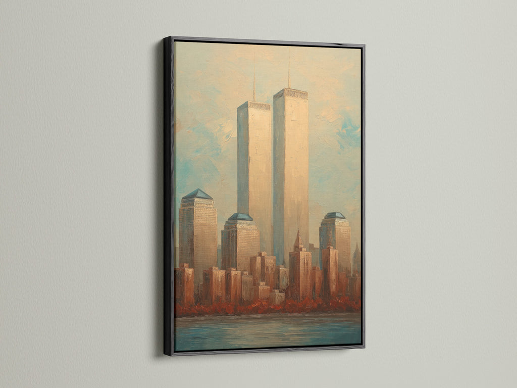 The NYC Skyline art featuring the Twin Towers in a sleek black frame. Vintage Manhattan cityscape gets a modern touch. The black frame makes a bold statement. Perfect for urban wall decor and office settings.