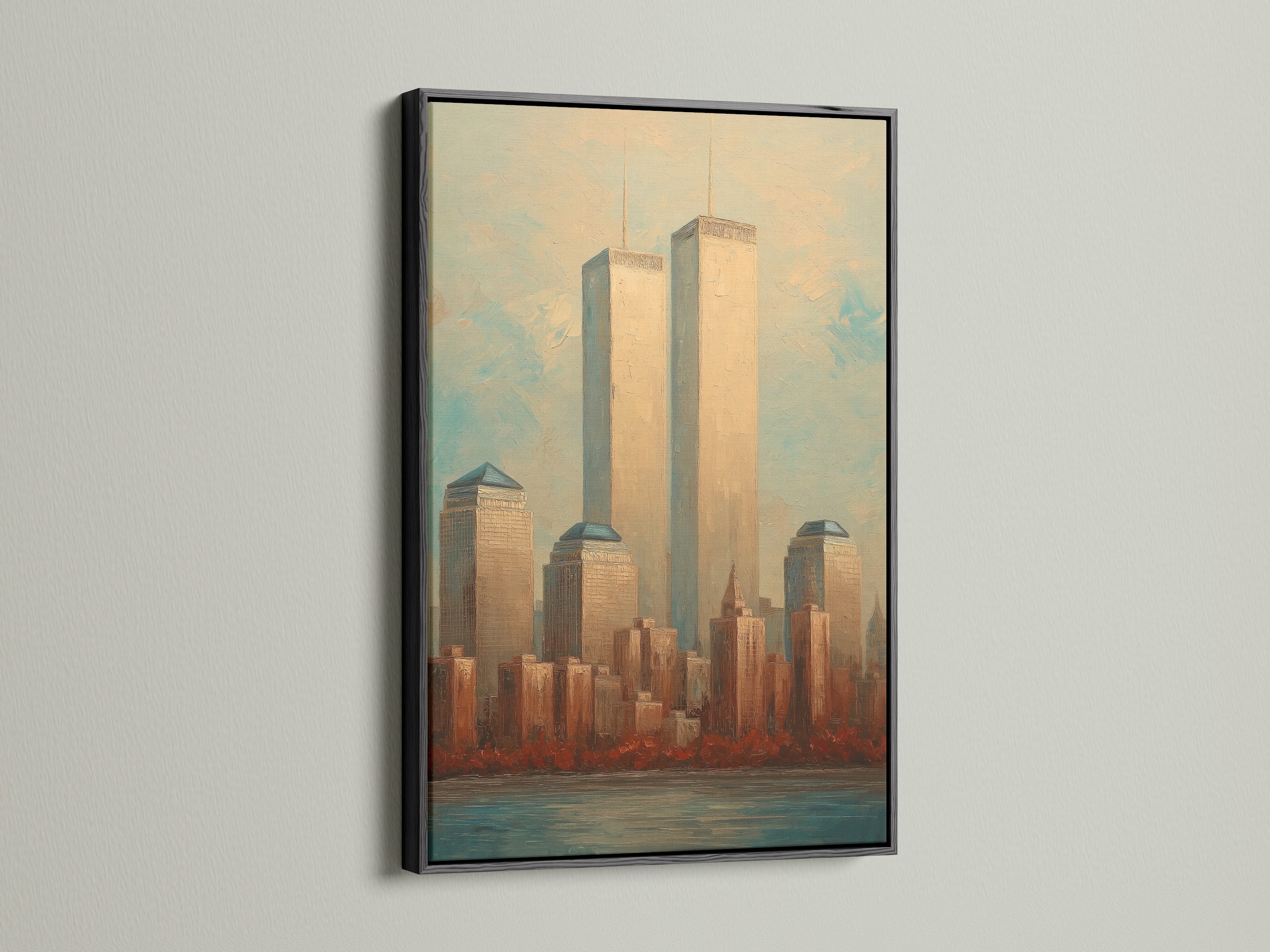 The NYC Skyline art featuring the Twin Towers in a sleek black frame. Vintage Manhattan cityscape gets a modern touch. The black frame makes a bold statement. Perfect for urban wall decor and office settings.
